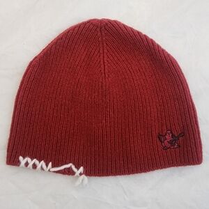 True Religion Red Maroon Knit Cap Snow Ski Winter Warm Beanie Buddha LOGO EUC